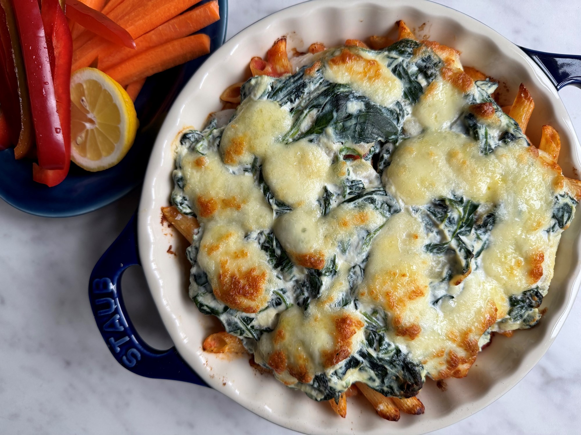 Bagt pasta med kulmule/lange og ricotta og tomatsauce